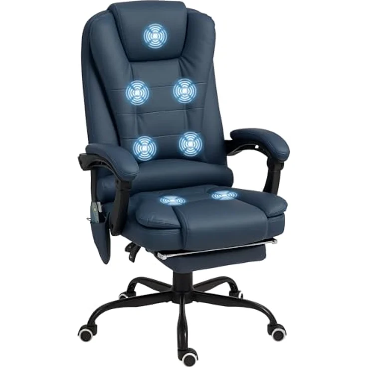 Vinsetto Bürostuhl, Drehstuhl mit 7-Punkt-Massagefunktion, verstellbarer Rückenlehne und einklappbarer Fußstütze, Blau, Kunstleder, 79x121x67 cm – Bild 1