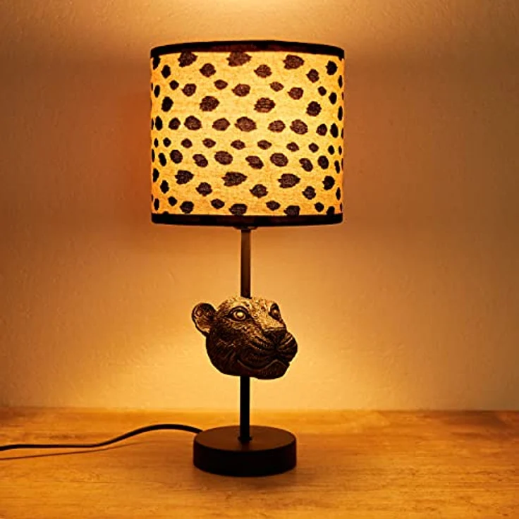 BRUBAKER Tisch- oder Nachttischlampe Leopard, 40 cm hoch, Keramikfuß, Stoffschirm, Schwarz Beige gepunktet, E27 Fassung – Bild 3