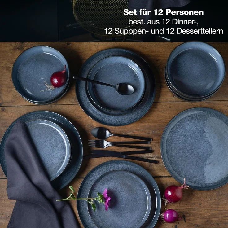 Moritz & Moritz VIDA Geschirrset 12 Personen Blau 36-tlg. - Modernes Porzellan Geschirr Set - Kratz-, Mikrowellen- & Spülmaschinenfest, Essgeschirr, Tafelservice, Kombiservice 12 Personen – Bild 2
