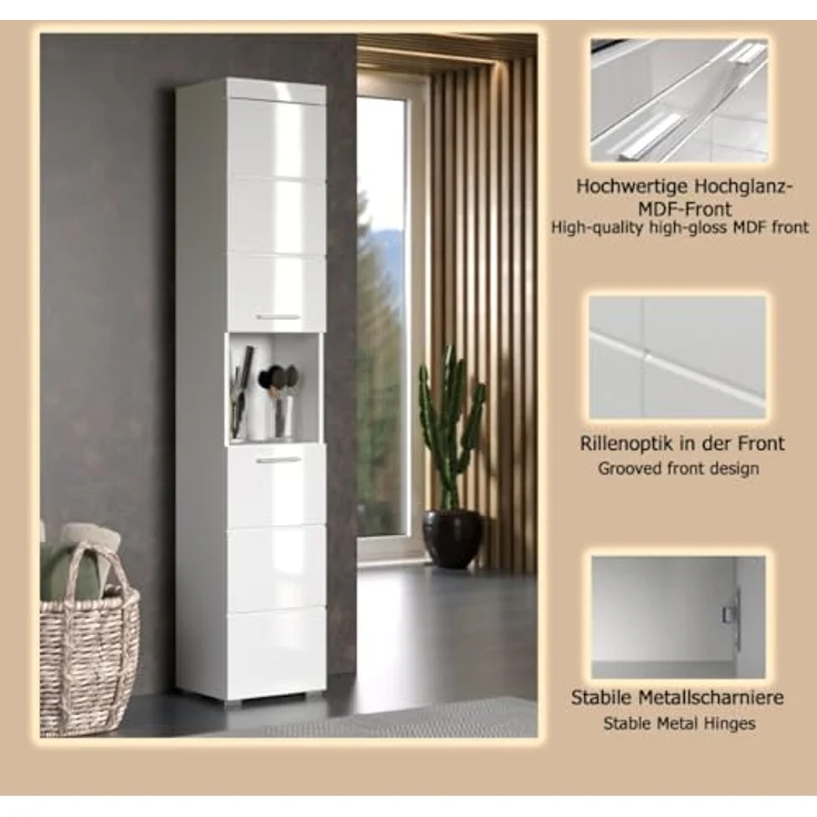 Trendteam 'Amanda' Hochschrank, Holz, Weiß Hochglanz, 190 x 31 x 37 cm – Bild 8