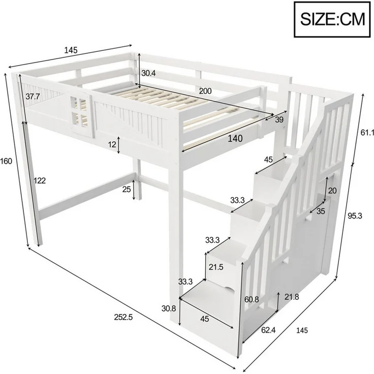Celya Hochbett Massivholz Multifunktionsbett 140 x 200 cm mit Stauraum (ohne Matratze, Mit Einzigartigem Sicherheitsgitter Mit Fenster) Beidseitig Austauschbarer Aufbewahrungsleiter – Bild 2