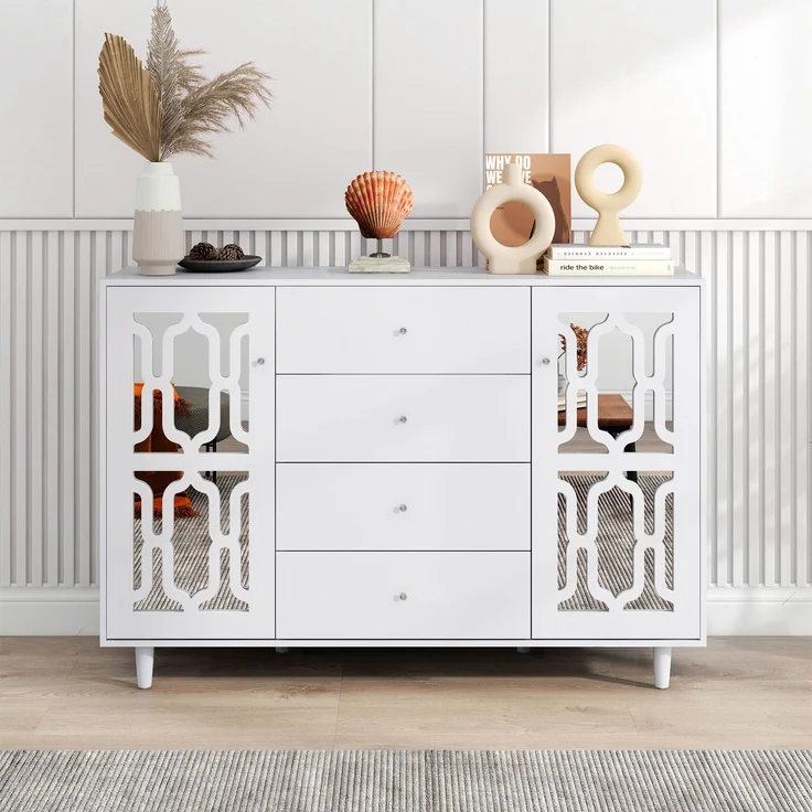 Weißes Spiegel-Sideboard 147×40×102 cm mit 4 Schubladen, 2 Türen, Glasgriffen,Kommode Highboard Luxus Design – Bild 3