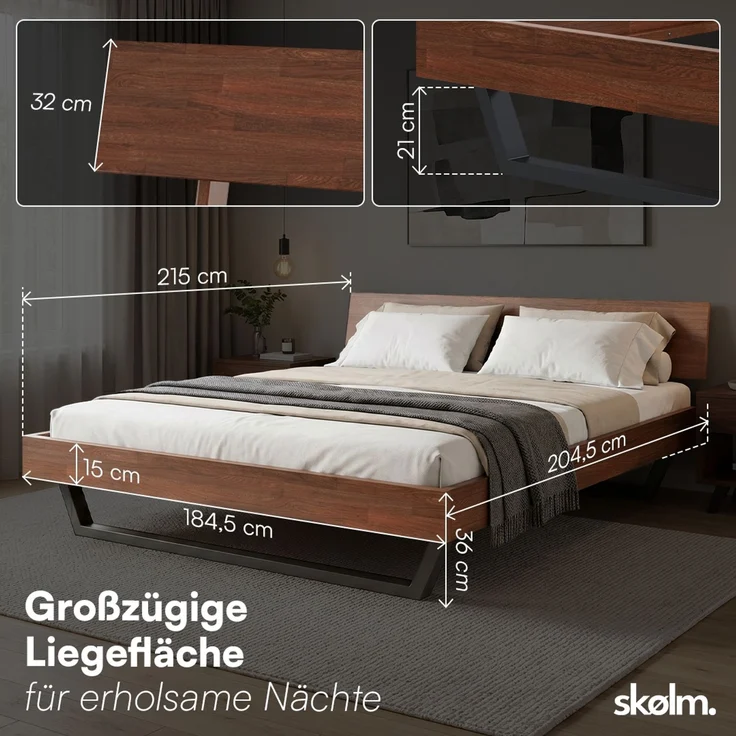 skølm 'Alver' Bett 180x200 cm, Bettgestell, natur geölt, Massivholzbett aus Eiche mit Metallkufen, Walnuss Optik, Bettkopf 1 Strebe – Bild 9
