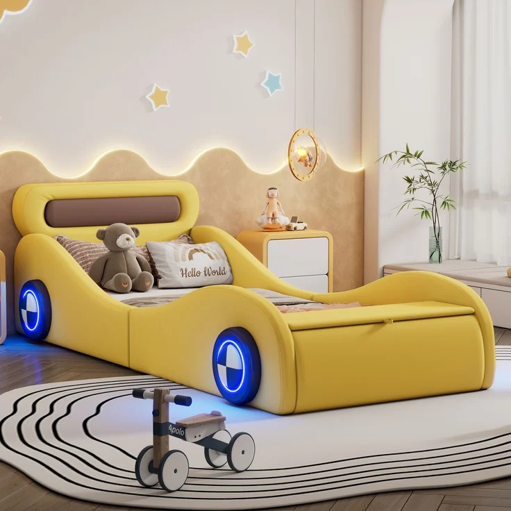 Polsterbett, 90x200cm Einzelbett, Kinderbett, Jugendbett, Polsterbett in Form eines Autos mit leuchtenden Rädern und Stauraum, PU, Ohne Matratze, Gelb – Bild 4