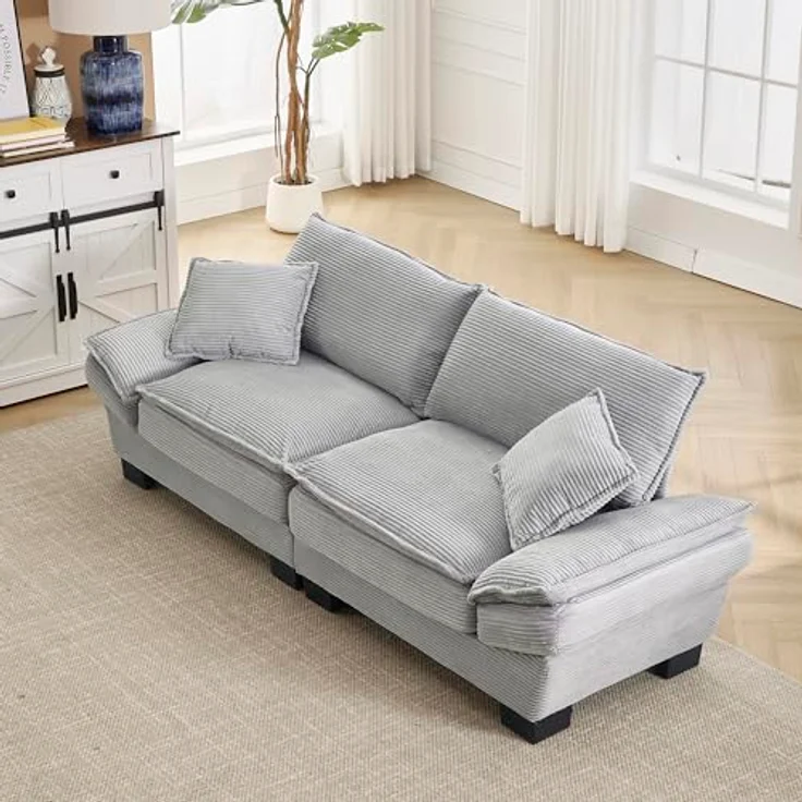 Ball & Cast Couch mit Schlaffunktion, Samt Sofa 2 Sitzer mit Kissen für das Wohnzimmer Wohnung Schlafzimmer, 224 x 81 x 81 (BxHxT), Hellgrau – Bild 4