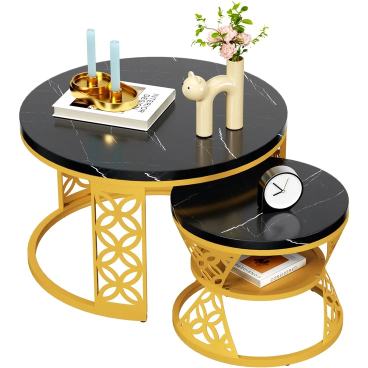 2er-Set Couchtisch nestbar 70x70x45 + 45x45x37 cm, Marmor-Furnier, Metallrahmen, Kontrastdesign – Bild 8