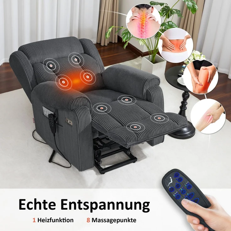 M MCombo 4-Motoren-Fernsehsessel mit Aufstehhilfe Elektrisch, Elektrische Lenden- & Kopfstütze 165°Zero-Gravity Sessel mit Aufstehhilfe, Massage & Heizung 7558 (Stoff, Dunkelgrau) – Bild 5