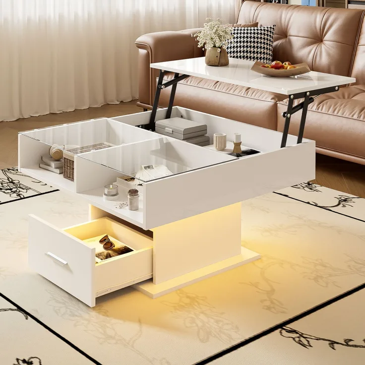 Lift-Couchtisch Weiß Hochglanz 78x78 cm höhenverstellbarer Tisch mit LED-Beleuchtung, Schublade und Ablagefach