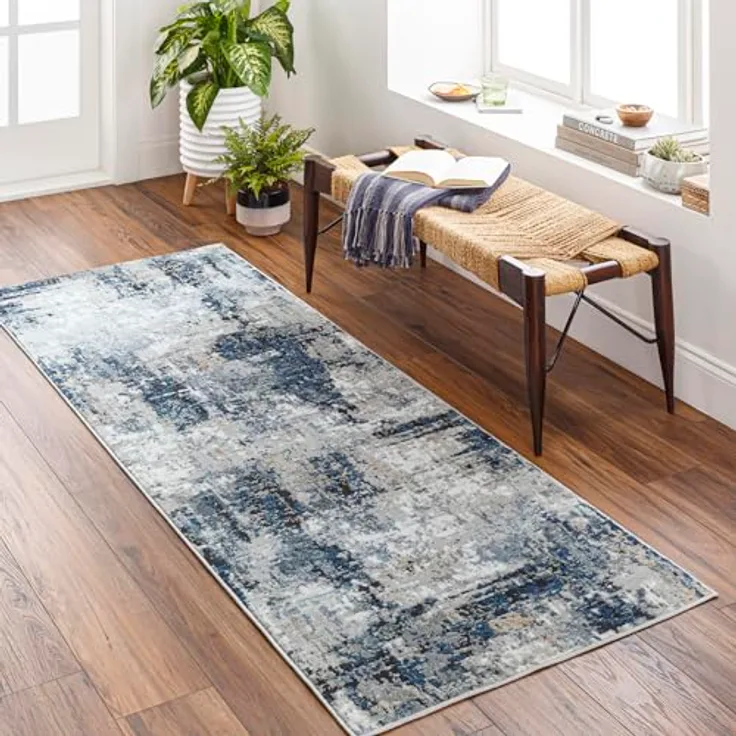 Livabliss Paris Wohnzimmer Teppich modern – Abstrakt Design in Marmor Optik für Wohnzimmer 80x220 cm, Esszimmer, Schlafzimmer - Marmor Teppiche groß, weicher Teppich Kurzflor in Blau, Grau, Beige