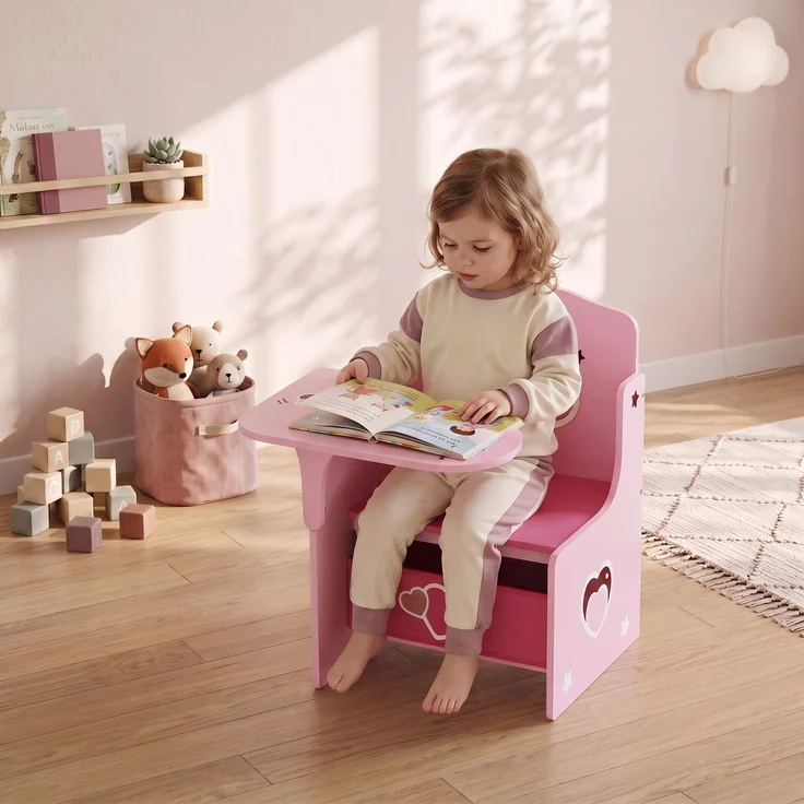 MELAYR, Kindertisch mit Stuhl 2-in-1 Integrierte Kindersitzgruppe mit Stauraum Platzsparend für, 58.5 x 51 x 59 cm, Rosa – Bild 3