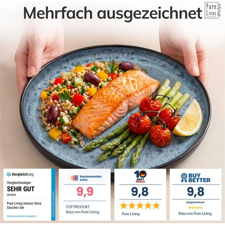 Steingut Teller Groß 6 Personen Ibiza TESTSIEGER, Traumhaftes Mediterranes Steingut Speiseteller Set, Stylisches Essteller Set, Pure Living in Rauchblau – Bild 3