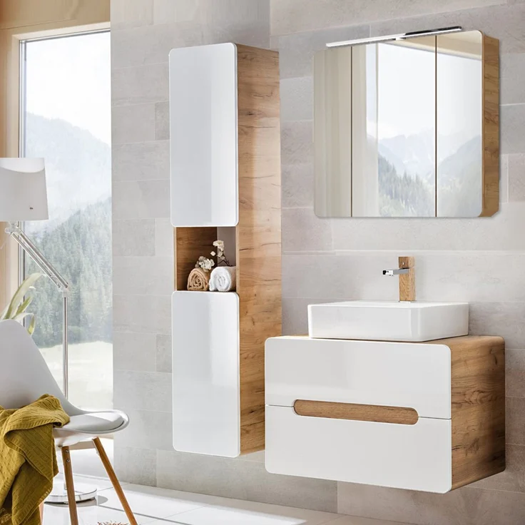 Badezimmer Set mit LED-Spiegelschrank LUTON-56 Hochglanz weiß mit Wotan Eiche Nb, B/H/T CA: 130/200/46 cm – Bild 1