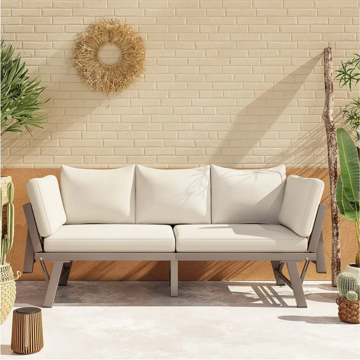 HAUSS SPOLE Gartensofa mit Liegefunktion,Dreisitzer Outdoorsofa mit klappbaren Armlehne,Beige, Gartenliege für Garten, Terrasse, Balkon, Verstellbare Armlehnen mit multifunktionalem Design