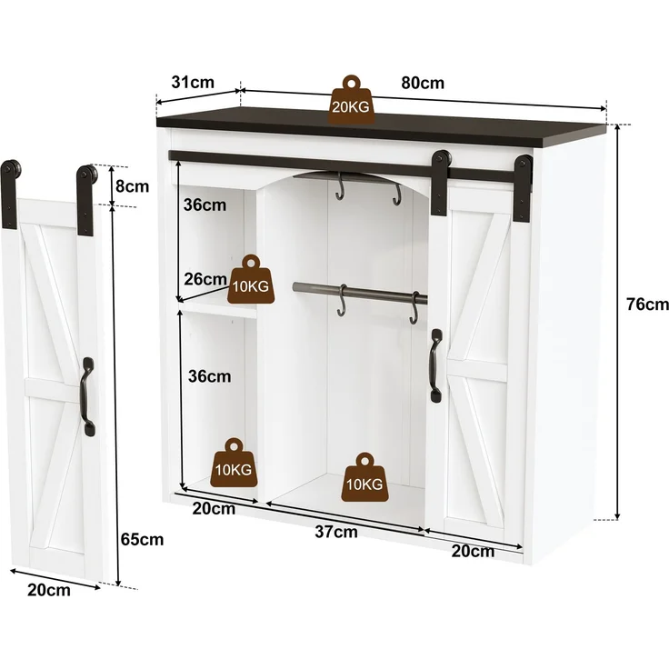 Wandschrank 80x31x76 cm mit Schiebetüren und verstellbaren Einlegeböden aus MDF – Bild 2