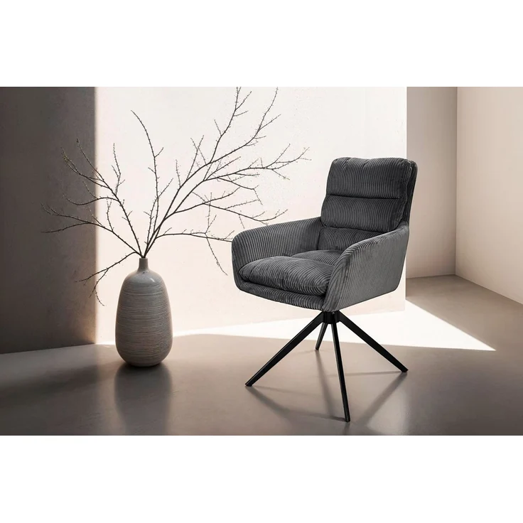 byLIVING Esszimmerstuhl 2er Set PURA/Grob-Cord dunkelgrau/Gestell Metall schwarz matt/Sitzschale 360° drehbar/Polsterstuhl/Armlehnstuhl/B 58, H 74, T 60 cm – Bild 1
