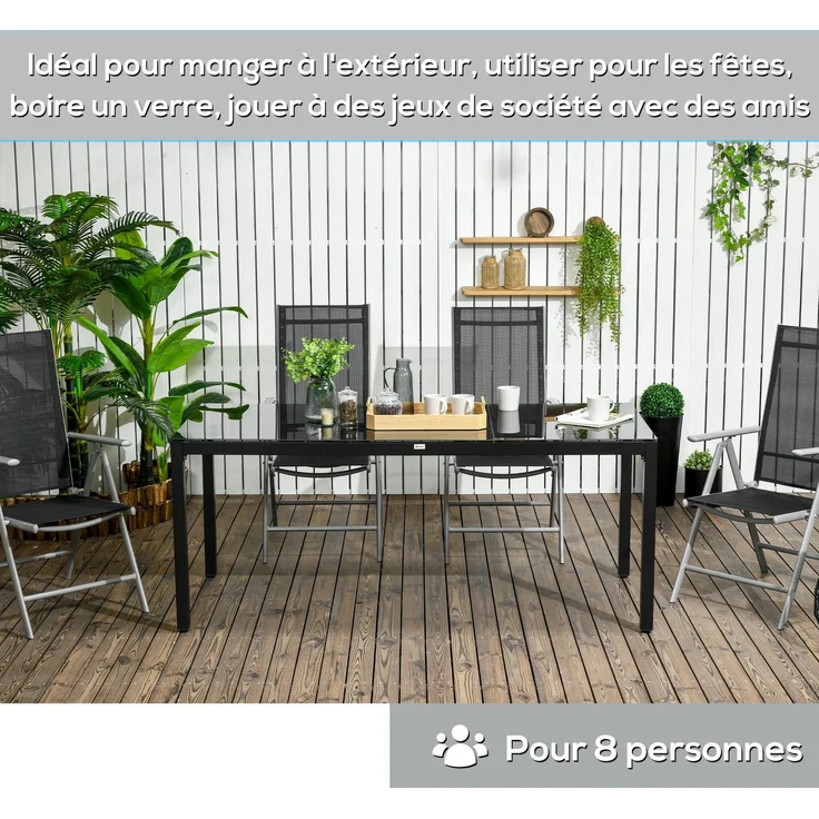 Rechteckiger Gartentisch für 8 Personen mit Tischplatte aus gehärtetem Glas und schwarzem Aluminiumrahmen – Bild 8