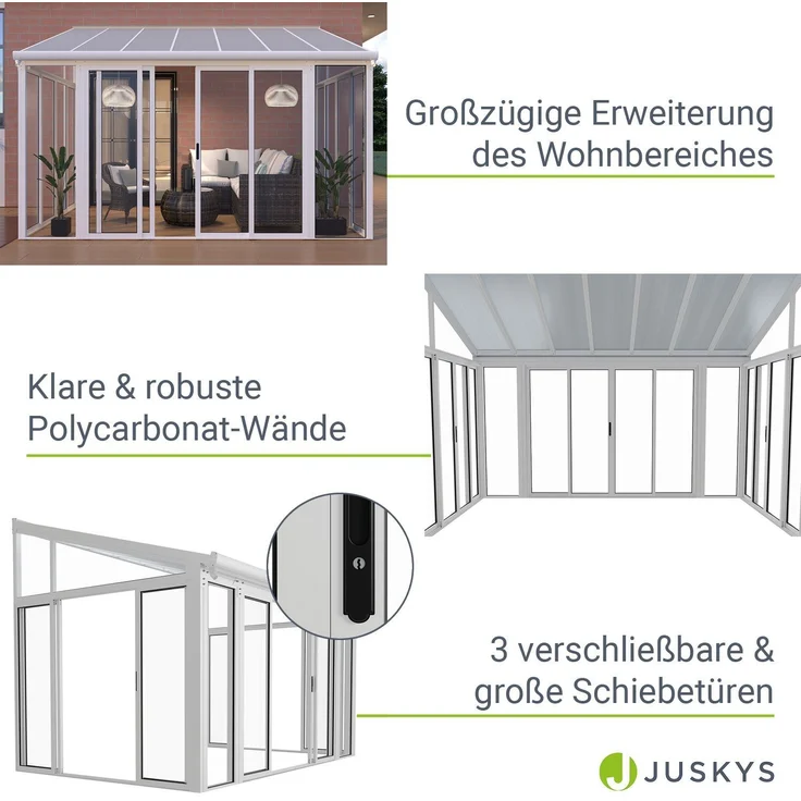 Juskys Wintergarten 12 m² - mit kristallklaren Wänden, Doppel-Schiebetüren & UV-Schutz - wasserdicht & winterfeste Überdachung aus Aluminium - Weiß – Bild 4