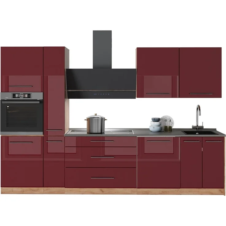 Küchenzeile Fame-Line Bordeaux Hochglanz/Goldkraft Eiche 310 cm ohne Arbeitsplatte Vicco – Bild 4