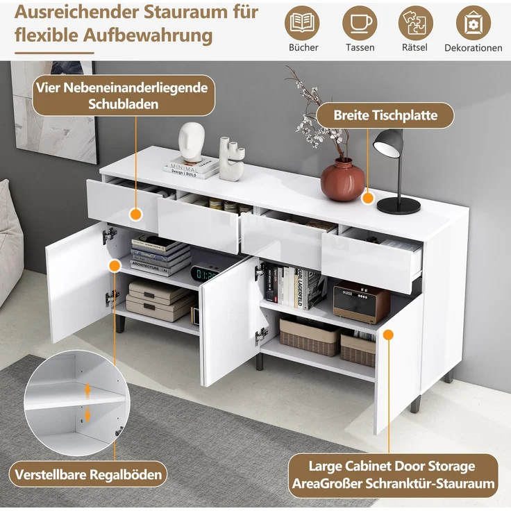 Merax Hochglanz Sideboard, Kommoden, Highboard, Schubladenkommoden mit 4 Schubladen 2 Türen und höhenverstellbaren Regalböden, Hochglanz-Sideboard, Hochglanz-Unterschränke, Eckschränke – Bild 7