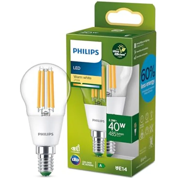 Philips Filament-Kerzenlampe E14, 485 lm Warmweiß (2700K), 40 W, transparent