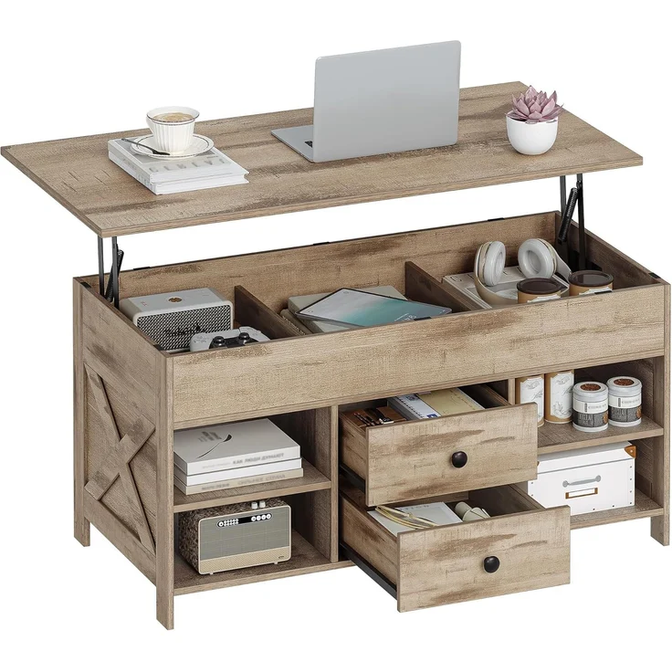 Couchtisch, höhenverstellbarer Wohnzimmertisch, Sofatisch, 2 Schubladen und Versteckter Stauraum, 50 x 100 x 47,3-61,3 cm, für Wohnzimmer, Esszimmer, Büro, Kamelbraun-Schwarz – Bild 2