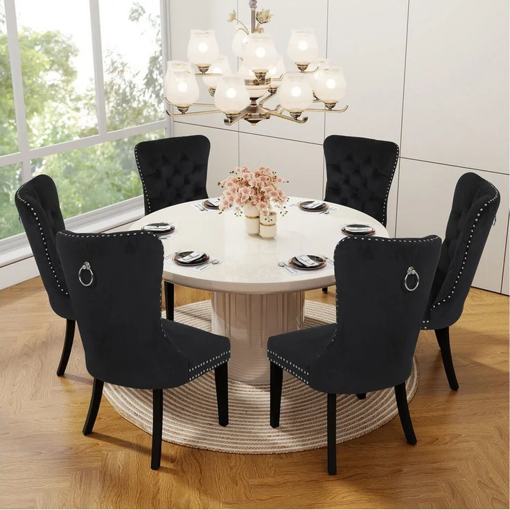 Puluomis Esszimmerstuhl (2/4/6/8 Set Grau/ Schwarz/Beige, 6 St), Samt Stuhl mit hoher Rückenlehne, Küchenstuhl mit Holzbeinen – Bild 3