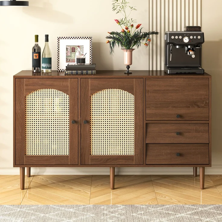 Abrihome Sideboard im Landhausstil mit Rattantüren, Braun, 75x40x130 cm – Bild 6