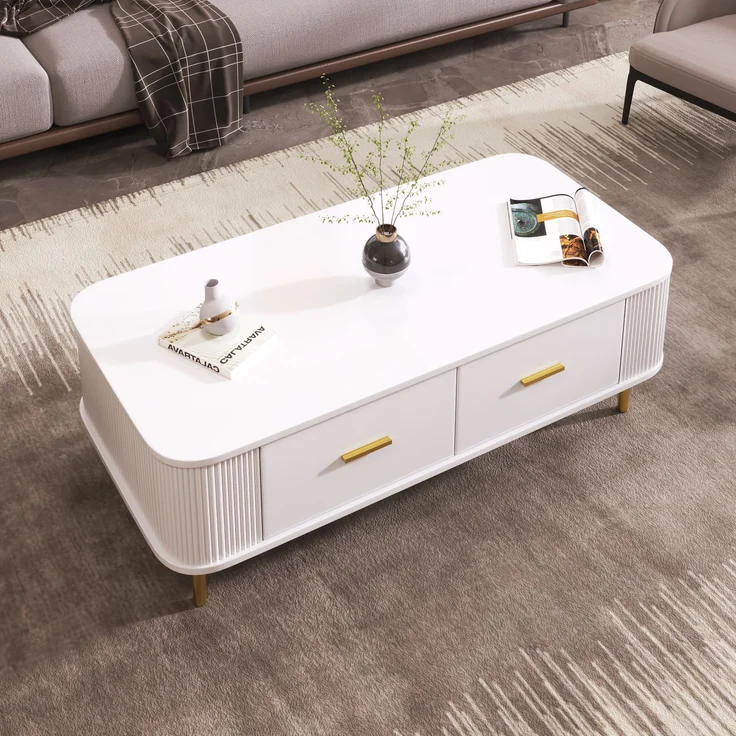 Couchtisch MDF mit 4 Schubladen & abgerundeten Kanten, 105x51x38 cm, Weiß – Bild 10
