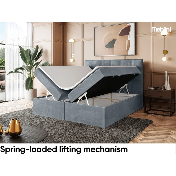 MEBLINI Boxspringbett KAI 200x220cm - H4/Grau Samt - mit Bettkasten - Gepolstert Doppelbett mit Matratze und Topper - Polsterbett mit Stauraum - Bett mit Kopfteil - Stauraumbett – Bild 4