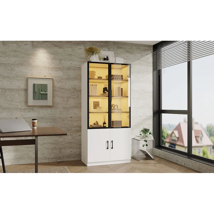 ZUBALIYA 60×40×160 cm große Vitrine mit LED-Beleuchtung – Vitrine aus Rauchglas mit Aluminiumrahmen und zwei Türen im unteren Bereich, Bücherregal, Vitrine,Sideboard – Bild 18