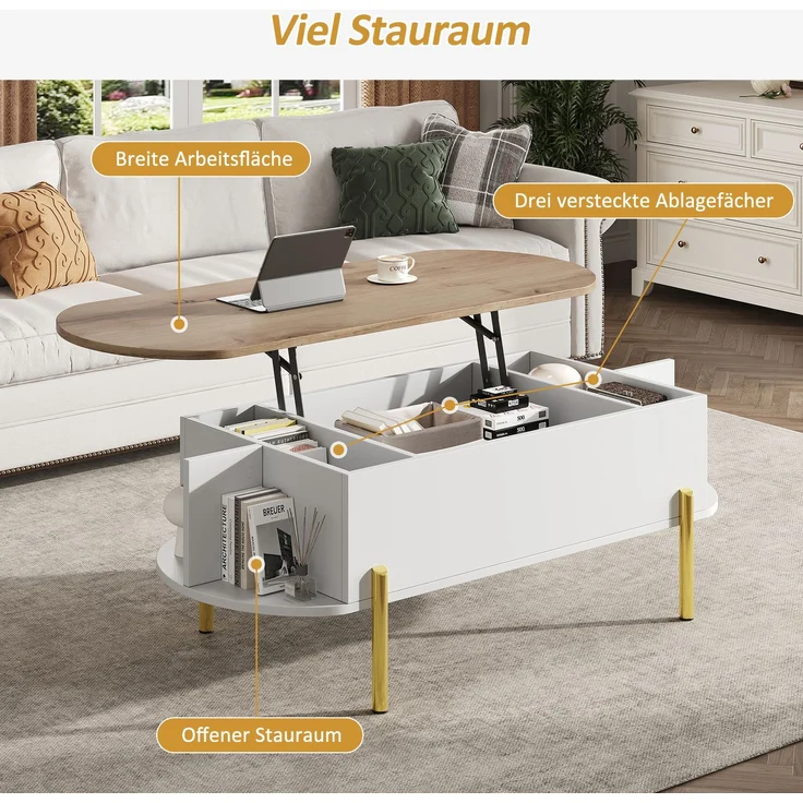 Lift-Couchtisch 120 x 50 x 43 cm, anhebbarer Wohnzimmertisch mit verstecktem Stauraum, 3 Ablagefächer, halboffene Regale – Bild 7