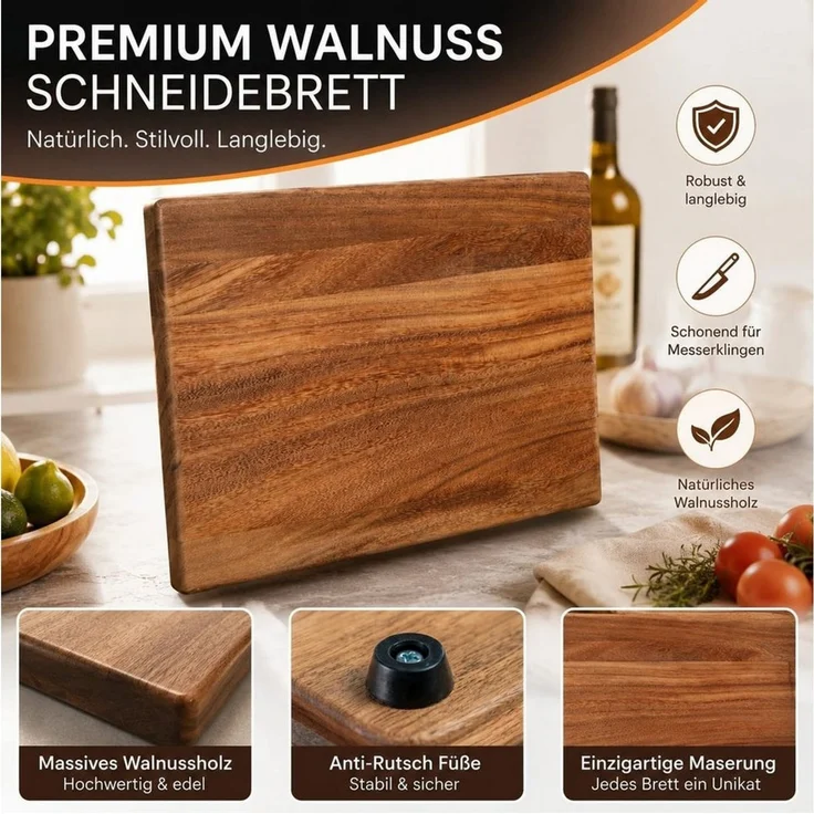 PEGSEN Schneidebrett Premium Küchenbrett Hackblock Holzschneidebrett 40x30x3cm, Massivholz, Nussbaum, mit rutschfesten Standfüßen, Servierbrett & Tranchierbrett – Bild 3