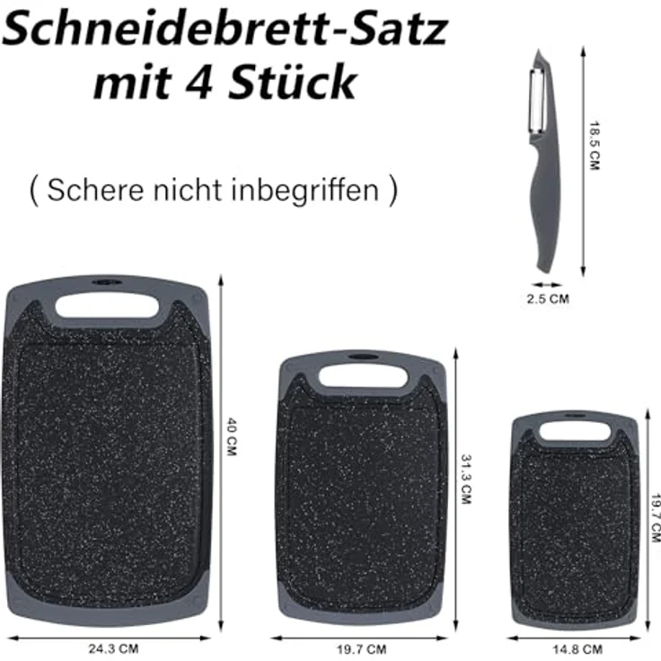 ROTTOGOON Schneidebrett Kunststoff Set mit Saftrille für Küche, Schwarz | BPA-freie Kunststoff-Schneidebretter, Spülmaschinenfest, Rutschfesten Füßen, mit Griff – Bild 3