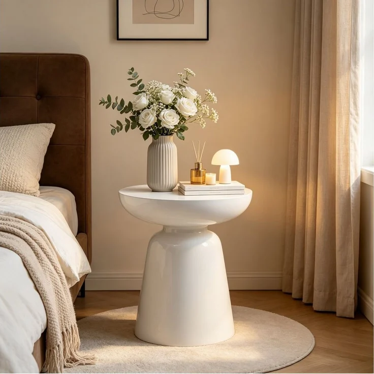 Round Accent Side Table with Bowl Top, Fiberglass with Sticker Finish, Modern Pedestal End Table for Living Room (White) – Bild 3