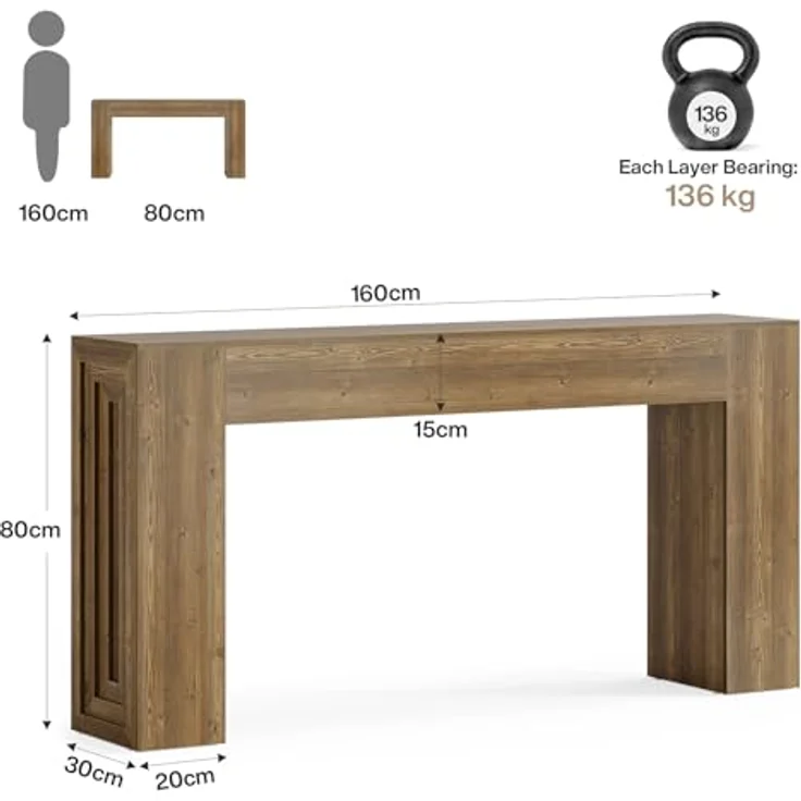 LITTLE TREE Konsolentisch 160 cm, Landhaus Sofatisch mit holzoptik, Schmaler Flurtisch in Braun für Wohnzimmer & Eingangsbereich, Stabile Ablage, Einfacher Aufbau – Bild 2