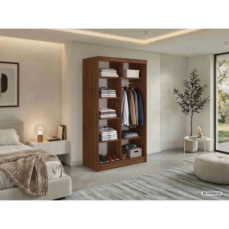 Schwebetürenschrank NAURU mit Lamellen-Optik, moderner Kleiderschrank, Breite 120 cm, inkl. Innenausstattung & Stauraum, Akustikpaneel-Design - Warmia-Nuss und Schwarz – Bild 3