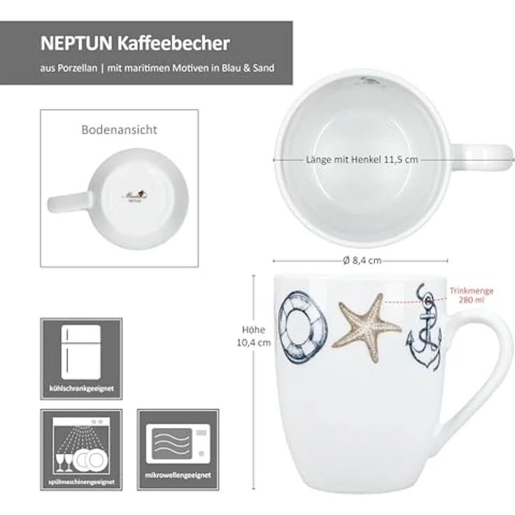 MamboCat Becher Neptun 6x Kaffeebecher 280ml Porzellan-Tassen Tee Kakao Anker maritim, Porzellan – Bild 6