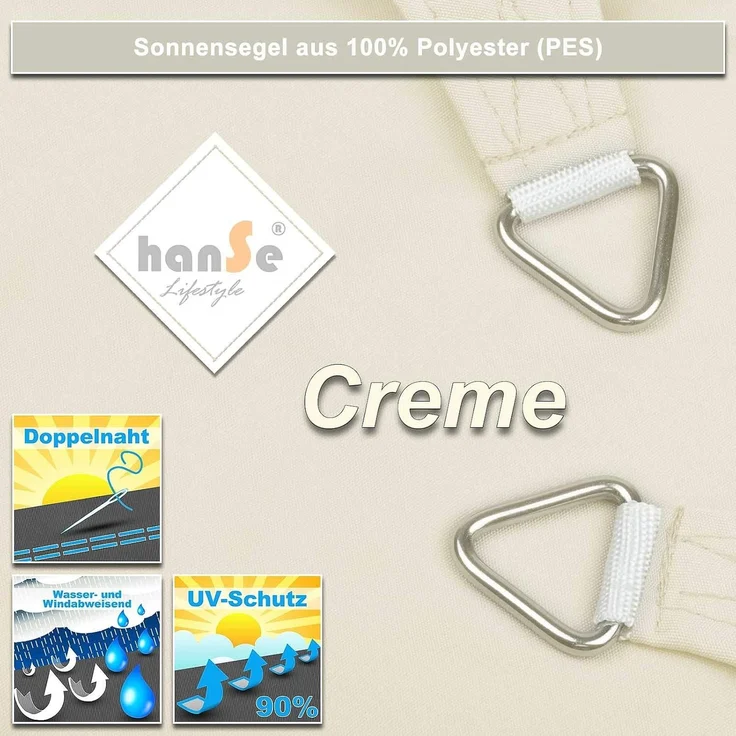 hanSe Sonnensegel Schattensegel UV-Schutz 2x2m Quadrat Creme wasserabweisend – Bild 5
