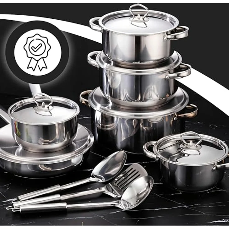 Retoo Topf-Set OR205, 15-teiliges Kochgeschirr-Set aus Edelstahl mit 4 Töpfen, 1 Pfanne, 6 Glasdeckeln und Küchenhelfern, Silber, für alle Herdarten – Bild 2