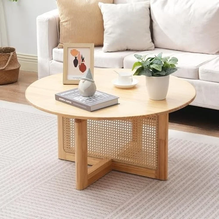 VEVOR runder Couchtisch aus geflochtenem Rattanholz mit Tischplatte aus Gummibaumholz, moderner Boho-Couchtisch (85 x 85 x 42 cm) mit Stauraum & Beinen aus Naturholz, für Wohnzimmer Schlafzimmer – Bild 2