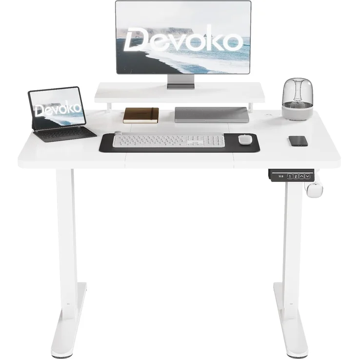 Devoko 120×60cm Elektrisch Höhenverstellbarer Schreibtisch mit Monitorständer, Computer-Schreibtisch, mit 2 Höhen-Speicherfunktionen, Weiße – Bild 1