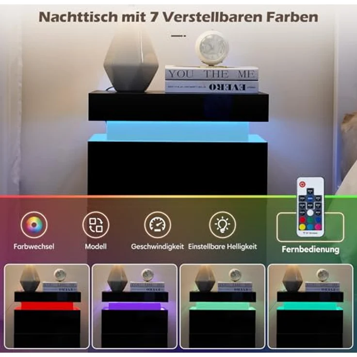 TUKAILAI Nachttisch Schwarz Hochglanz mit LED, Moderner Nachtschrank mit 3 Schubladen, 45 x 35 x 67.5 cm für Schlafzimmer, Home Office – Bild 7