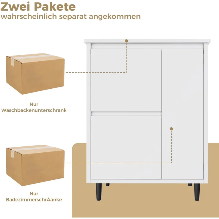 Freistehender Waschtisch 61 x 46,5 x 87 cm mit Keramikbecken, zwei Schubladen und Schrankfach – Weiß – Bild 7