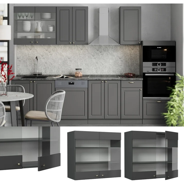 Küchenglasschrank Fame-Line Anthrazit-Gold Landhaus 80 cm Vicco – Bild 2