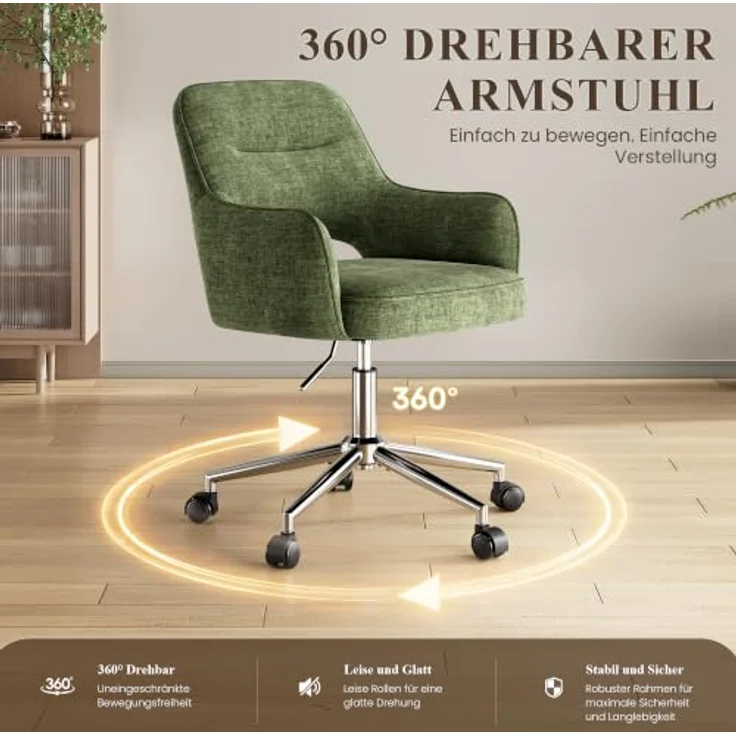 MALOL Drehstuhl Sessel Wohnzimmer höhenverstellbar, Moderner Relaxsessel Stuhl mit Rollen, 360° Drehsessel Schreibtisch Stuhl mit Armlehnen für Wohnzimmer, Schlafzimmer, Homeoffice, Grün – Bild 4