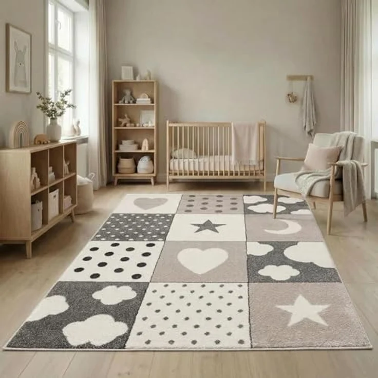 Kinderteppiche Patchwork Herz Sterne Wolke | Kinderteppich für Mädchen und Jungs | Teppich für Kinderzimmer | Farbe: Blau, Grau & Rosa | Kinderzimmerteppich , Grau , 160x230 cm – Bild 4