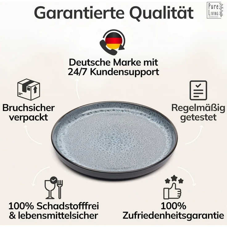 Steingut Frühstücksteller 6 Pers. Ibiza Hochwertiges Mediterranes TEST SEHR GUT Dessertteller Set - Kuchenteller spülmaschinen- und kratzfest - Kleine Teller, Salatteller Pure Living in Grau – Bild 4