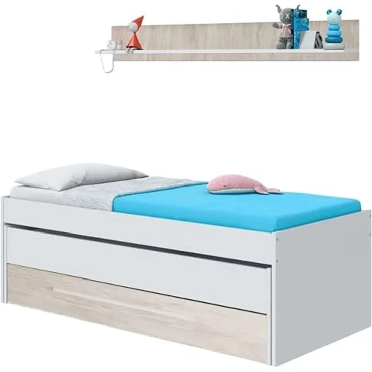 Habitdesign, Kinder- und Jugendbett mit 2 Liegeflächen, Schublade und Regal, platzsparendes Funktionsbett in Artik Weiß und Velho, Maße: 96 x 65 x 199 cm (B x H x T), Modell Elliot (ohne Lattenrost) – Bild 7