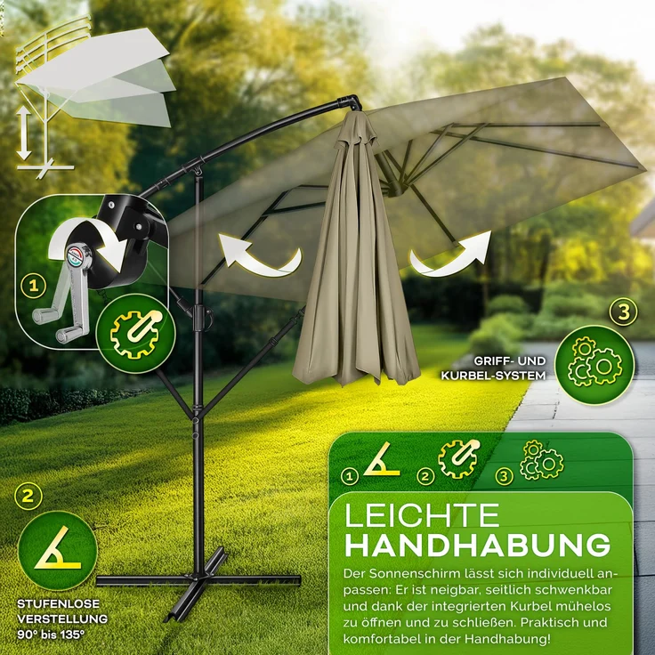 tillvex® Alu Sonnenschirm Rechteckig Ø 330 cm Braun + Abdeckung mit Kurbel | Ampelschirm Eckig mit Ständer & Windschutz | Gartenschirm UV-Schutz Aluminium | Kurbelschirm Marktschirm wasserdicht 360° drehbar – Bild 5