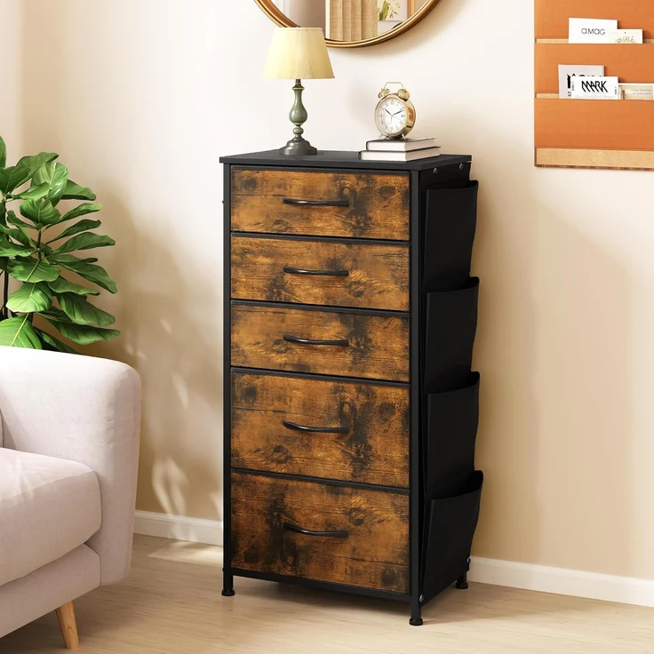 YITAHOME Kommode,Kommode mit 5 Schubladen,Schrank mit Haken und Seitentaschen,Stoffschubladen mit Griffen,Metallgestell,Dauerhaft,Rustikal Braun – Bild 2